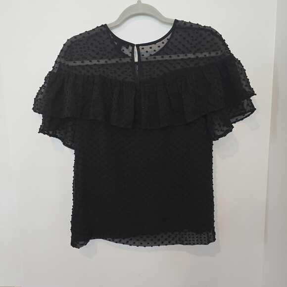 J.Crew Swiss Dot Silk-Blend Top Size 2 Ruffle Overlay Sheer Black Career Party - Picture 7 of 9